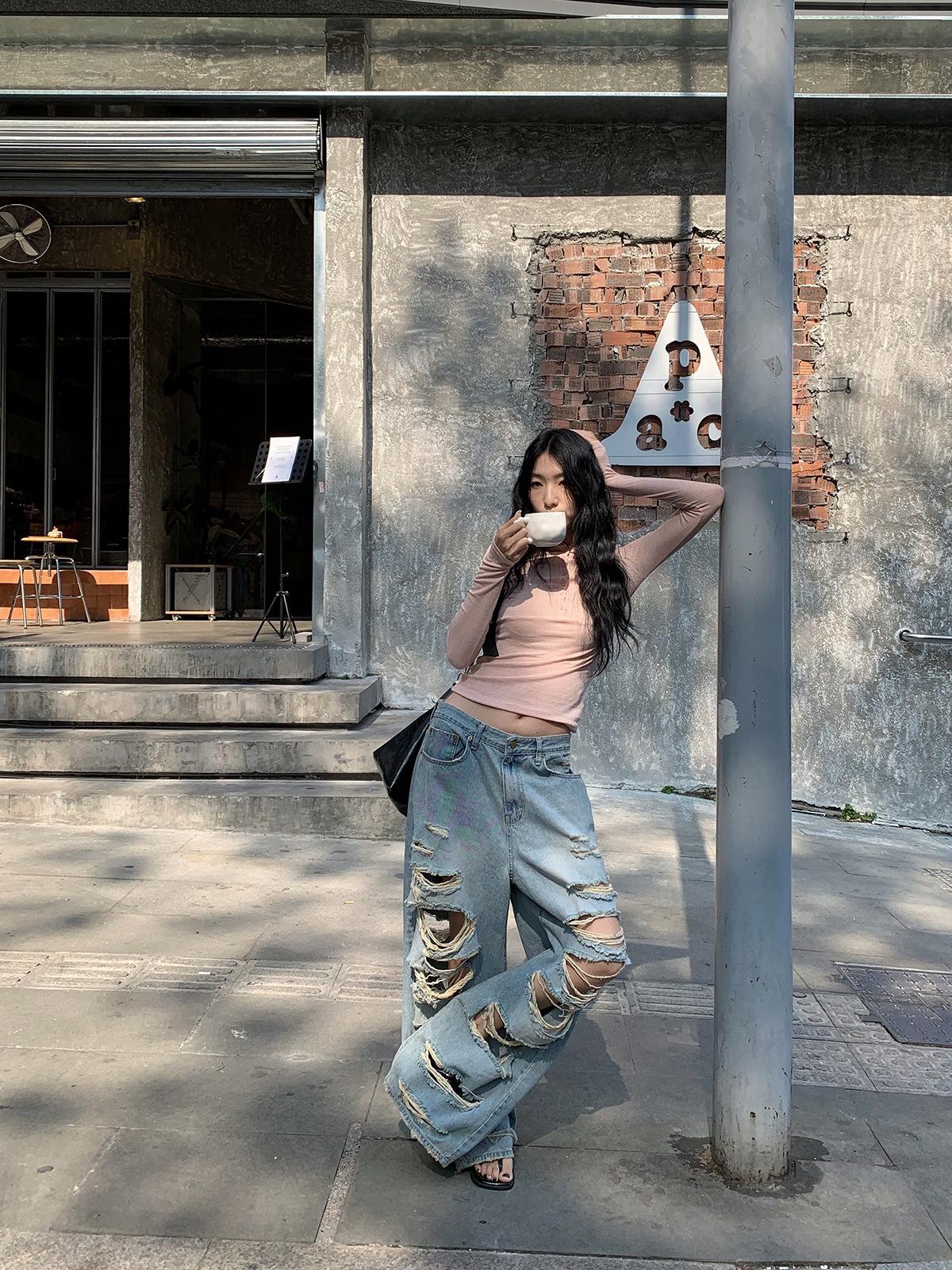 9-Hour Women s Retro Plaid Ripped Wide-Leg Jeans - Spring/Summer 2026 Small