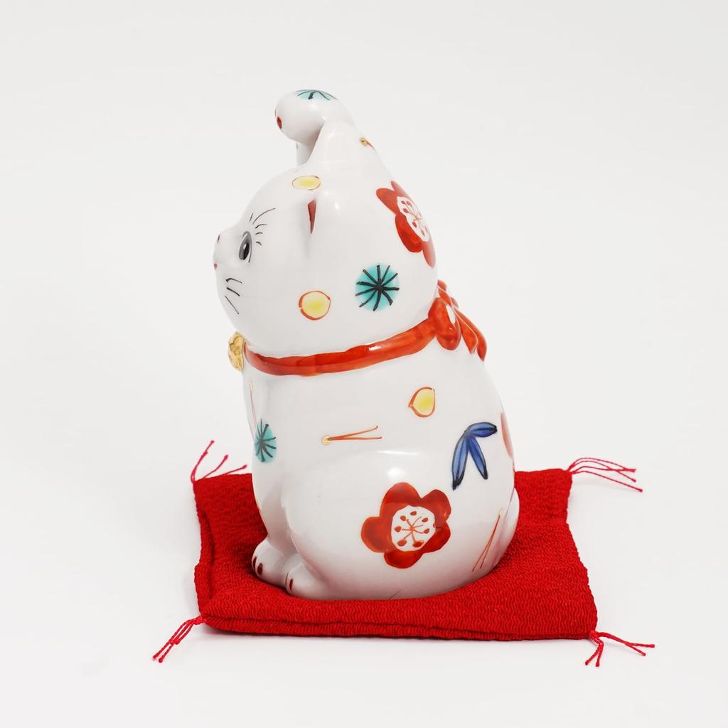 Fukubeya Kutani Ware with and plum blossom with red Traditional lucky right paw for good fortune and interior decoration and Maneki-neko (beckoning