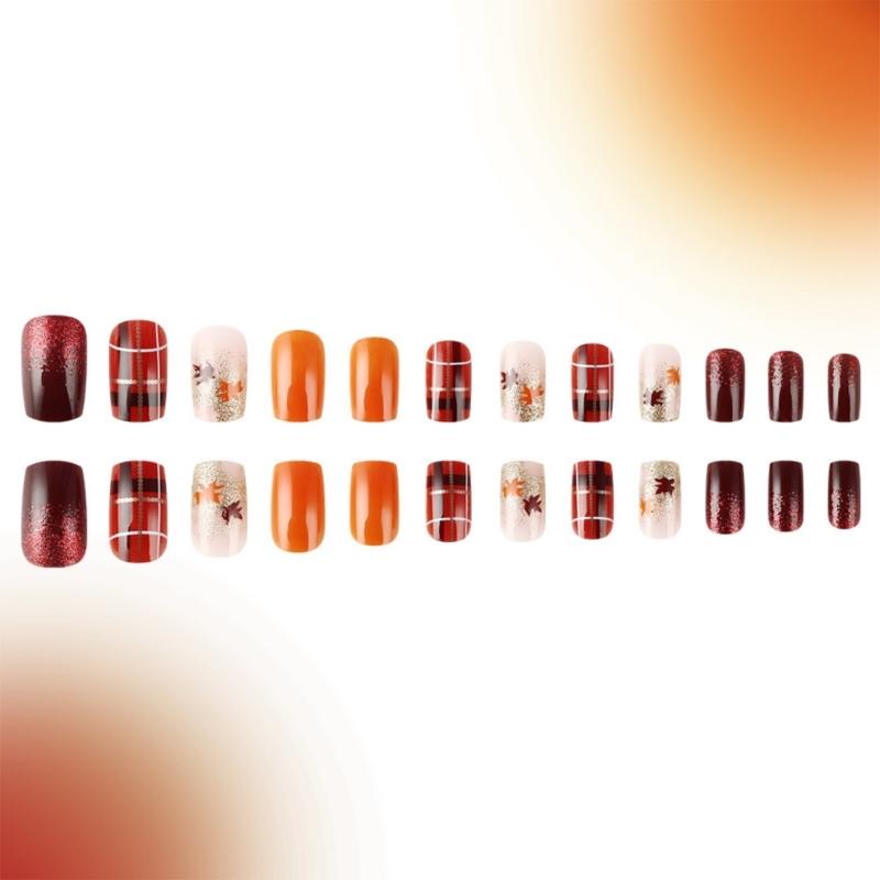 Thanksgiving Fall Press on Nails Medium Square False Nails Maple Leaf Orange Glitters Strips Acrylic Nails Stick on Nail