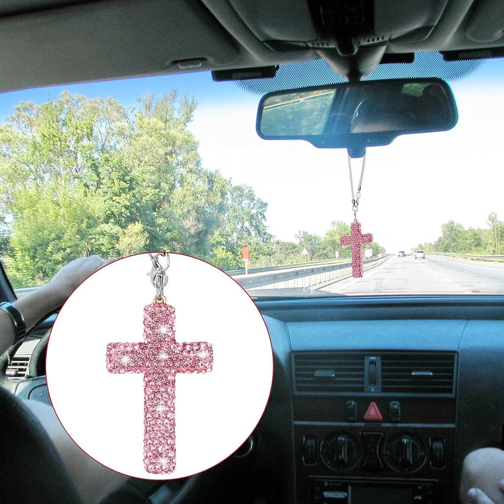 Crystal Cross Car Rear View Mirror Charm, Bling Rhinestone Car Hanging Accessories