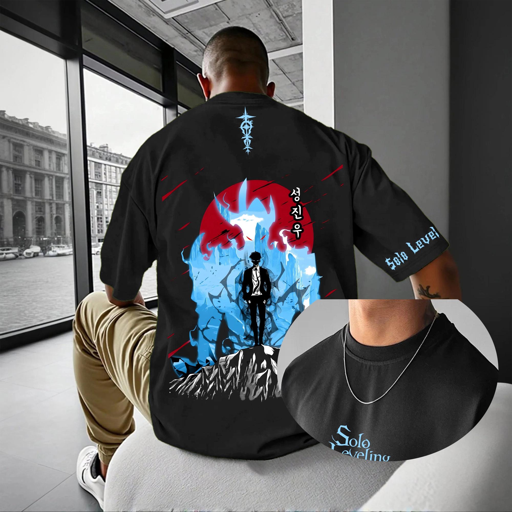 

Новое японское аниме Solo Leveling Досуг Отпуск Короткий рукав Крутой мультяшный узор Футболка с круглым вырезом Свободная уличная футболка Мужской топ XL