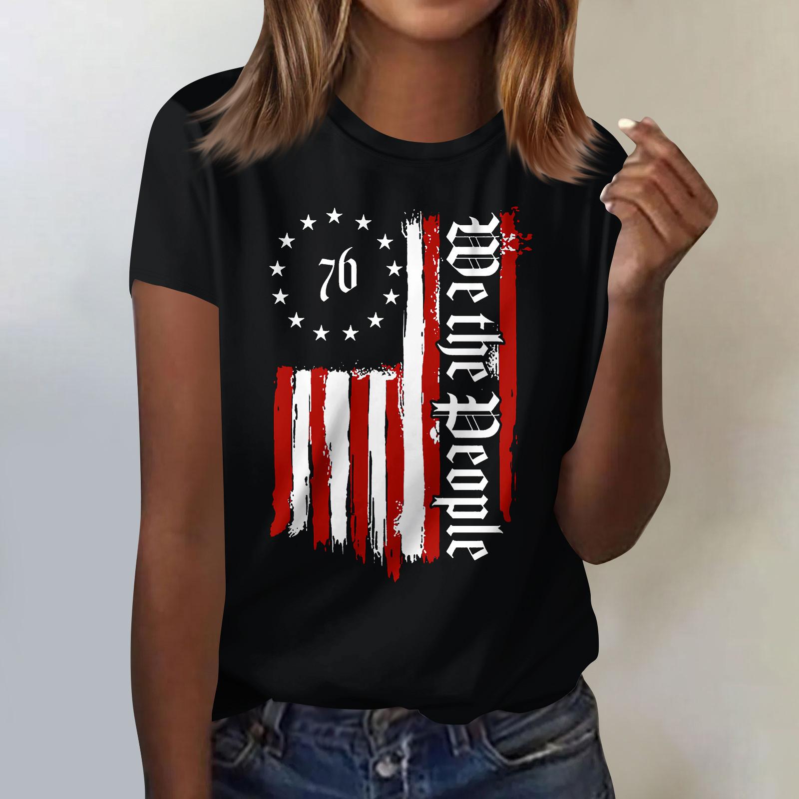 

Женская повседневная футболка с принтом в честь Дня независимости, пуловер с круглым вырезом, топ с короткими рукавами L чёрный