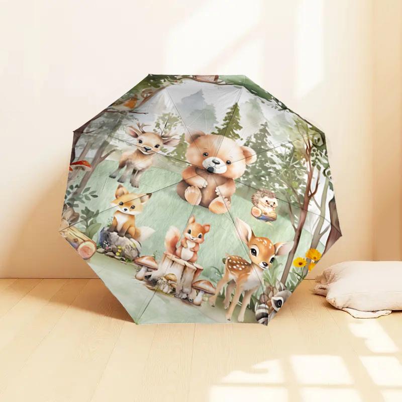 Woodland Animal Friends Automatic Folding Umbrella - Portable 3-Fold Design with Iron Frame, Perfect for Fans, Travelers, Everyday Use, and