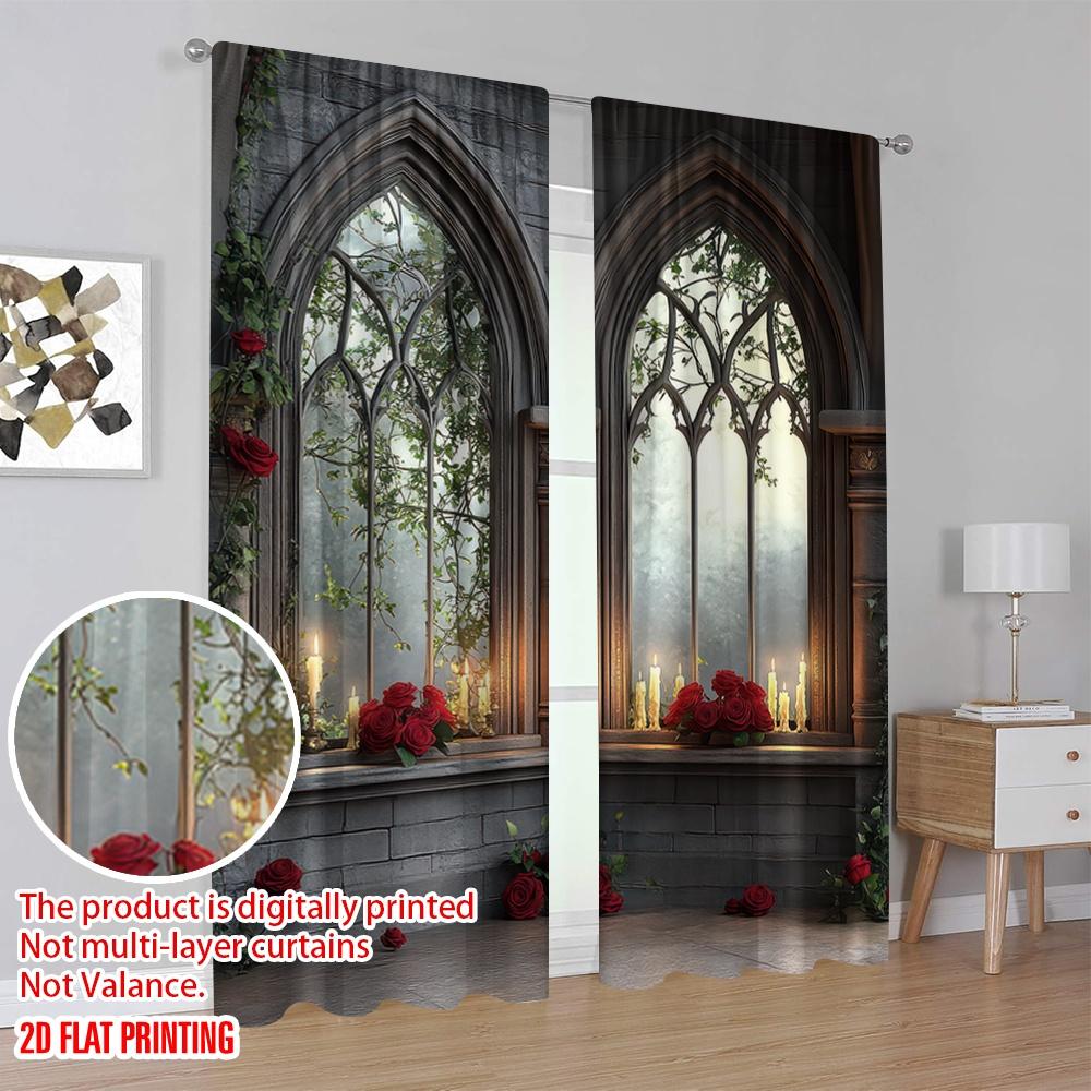 2D flat printing 2pcs Window Curtains Gothic Red Rose Flowers Polyester  Without Electricity Festive Backdrops Suitable for