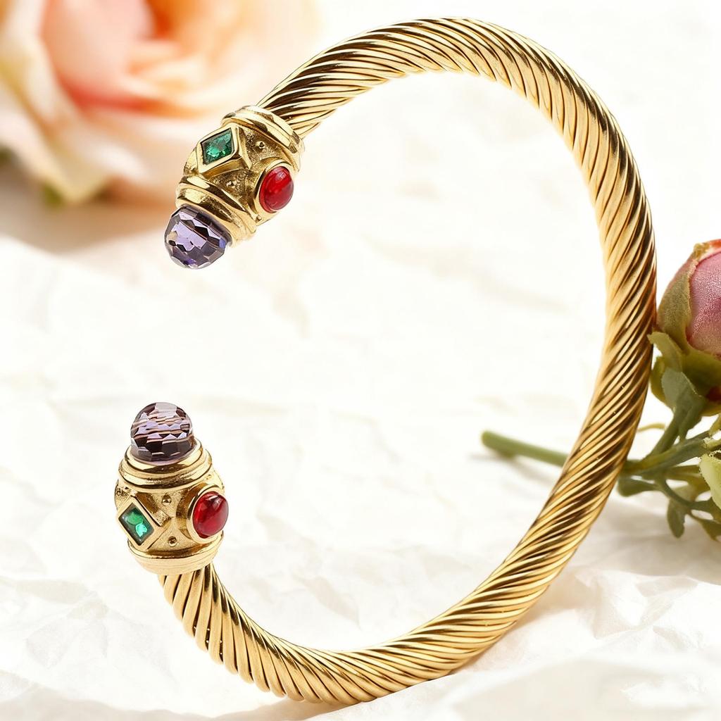 Stylish European-American 18K Gold Stainless Steel Wire Bracelet for Women, Geometric Open Design, Inlaid with Colored Diamonds, Colorfast.