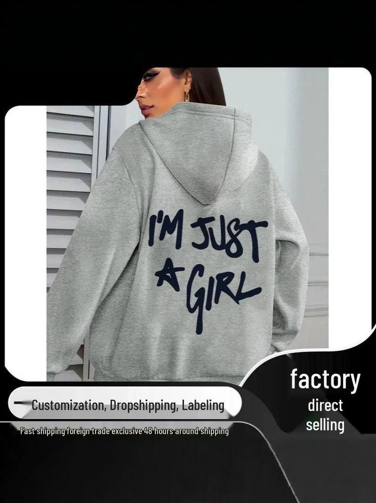 European Size Women's Casual Pocket Hoodie with 'I'm Just a Girl' Print for Autumn/Winter