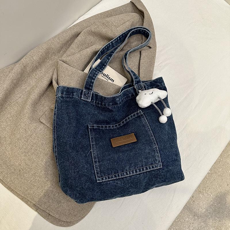 Vintage American Denim Canvas Bag ins Large Capacity Embroidered Shoulder Bag Student Class Versatile Handbag