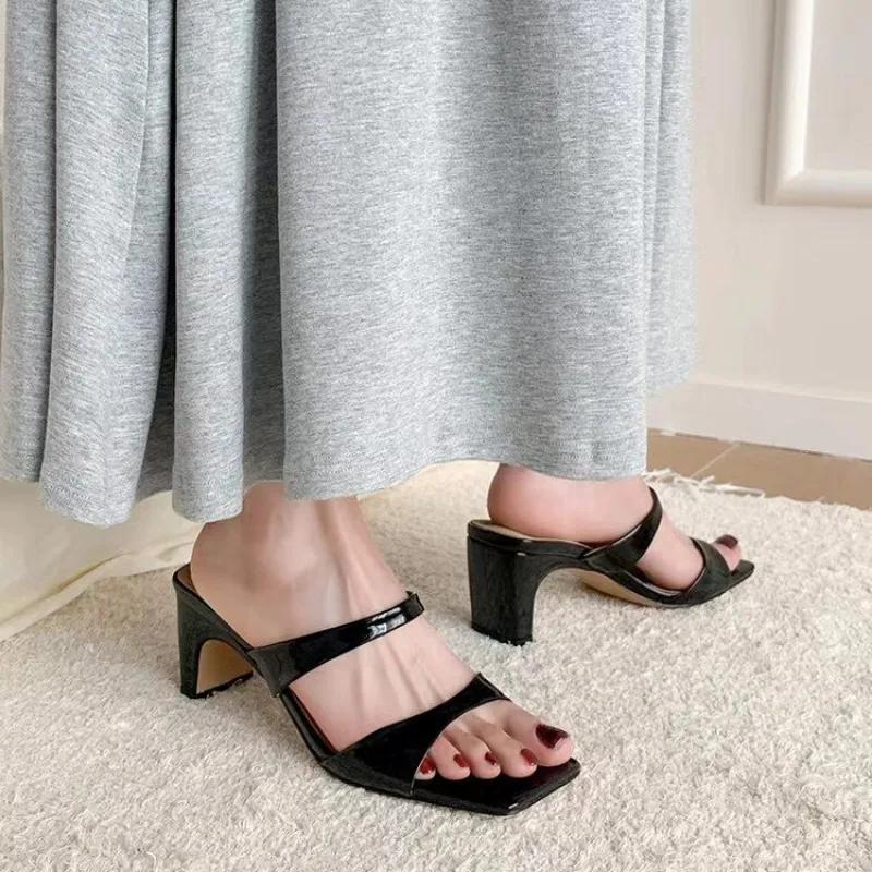 fashion Women's Shoes 2024 New Square Toe Slingbacks Women's Slippers Summer Open Toe Shallow Solid Sexy Dress Plus Size Slippers