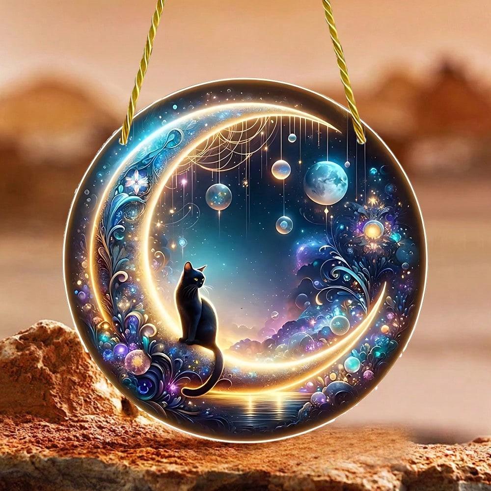 2D plochý akrylový lapač slunce s černou kočkou, měsíční barvení, závěs na okno, zahrada, dvůr, veranda, domov, nástěnná, pokojová dekorace