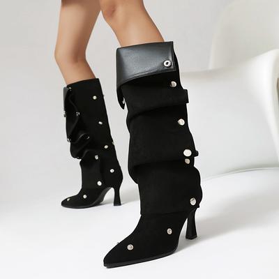 Hohe Stiefel Damen Kniehohe Slouch-Stiefel Flock Sung Fit Abnehmbare Plissierte Mehrweg-Absätze Schuhe Sexy Knöpfe Dekor Schuhe
