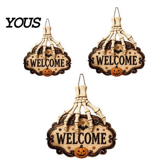 Handmade Hemp Rope Plaque Skeleton Hand Door Welcome Sign, Halloween Pumpkin Bat Pattern Decor, Vintage Lace Texture Sign Wall Hanging Plaque,