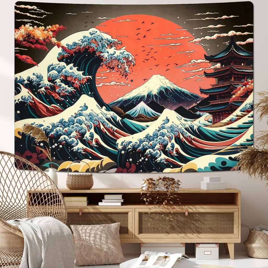 AtawLege The Great Wave Wall Art - Japanese Ocean Sea Wave Tapestry Vintage Asian Anime Aesthetic Kanagawa Sunset Wall Hanging for Room (59.1 x 59.1