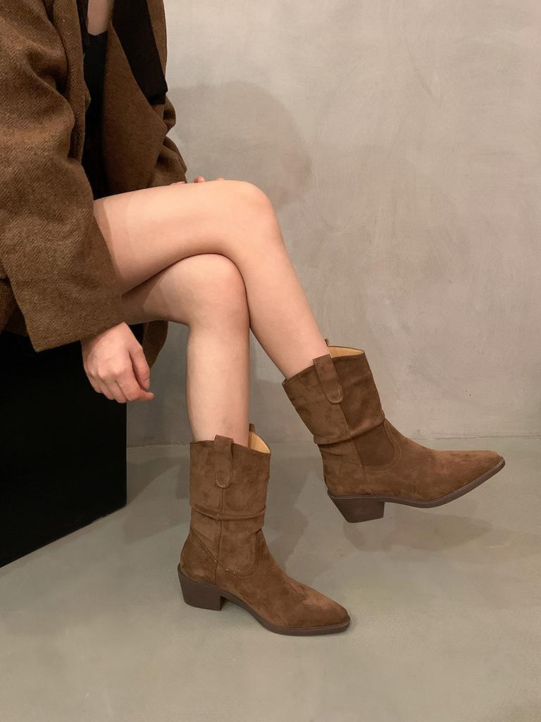 Thick Heel Retro Pointed Mid Boots Knight Boots Women's 2025 New Autumn and Winter Stacking Short Boots Suede Martin Boots