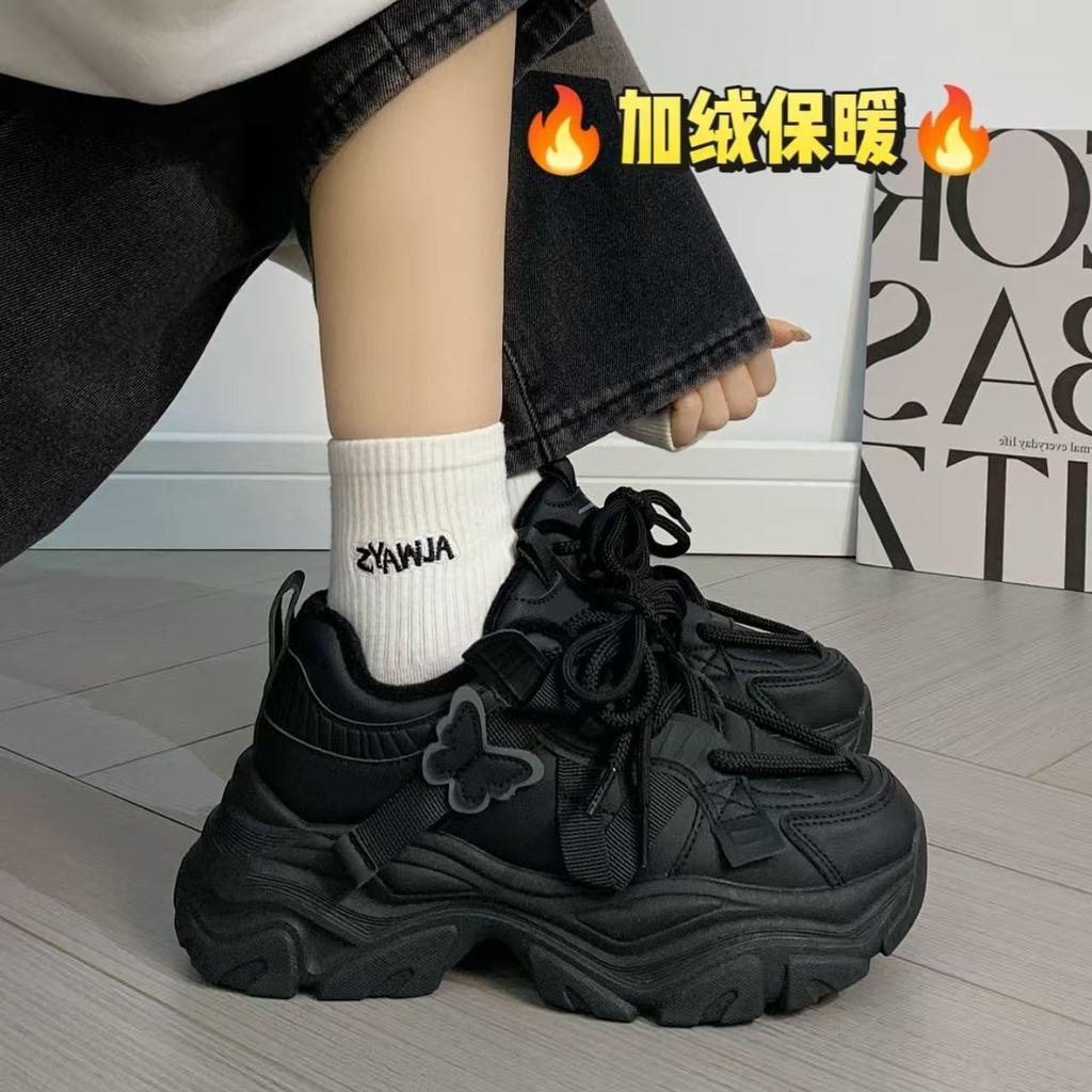 Fleece thickened dad shoes women's thick-soled heightening two cotton shoes versatile student sports shoes
