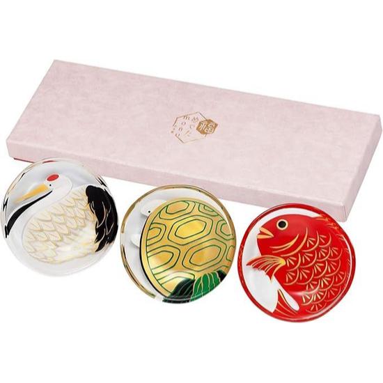 

ADERIA (Adelia) Medeta Mono Fukuju Small Plate Set Crane, Turtle, Sea Bream Designs | 3-Piece Set | Made in Japan