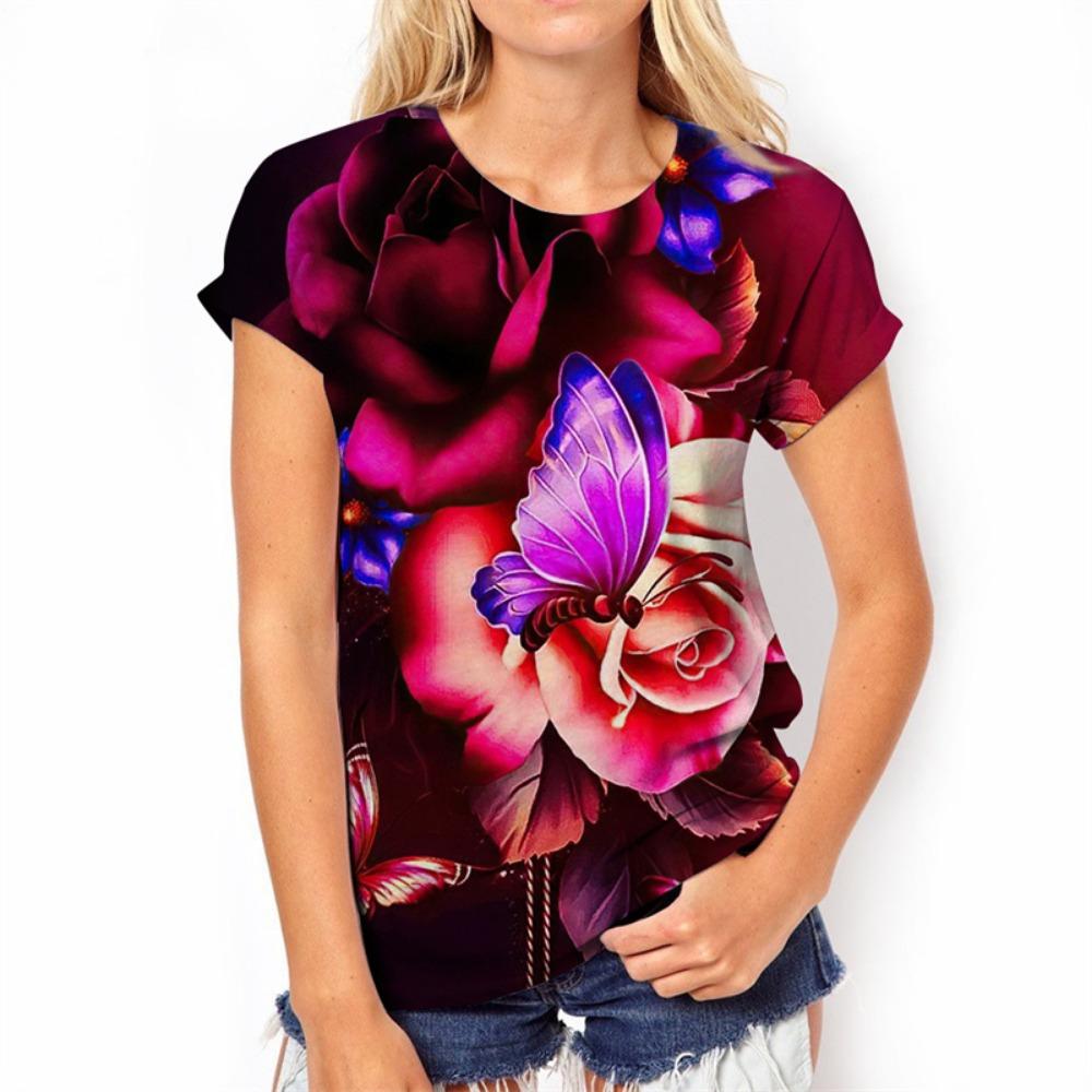 3D Rose Blume Print T Shirt Sommer Kurzarm Top Fashion Floral Grafik Harajuku T-shirts Für Frauen Kleidung T-Shirts Mädchen
