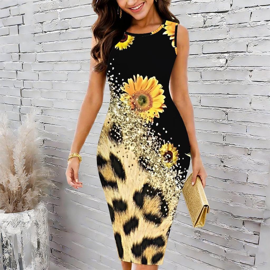 Women Plus Size Sleeveless Round Neck Midi Bodycon Dress White Base Multicolor Wild Floral Print Slim Fitted Dress
