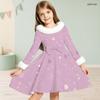Girls Long Sleeve Black Gold Silver Printed Furry Neck Cuffs A Line Flared Dress