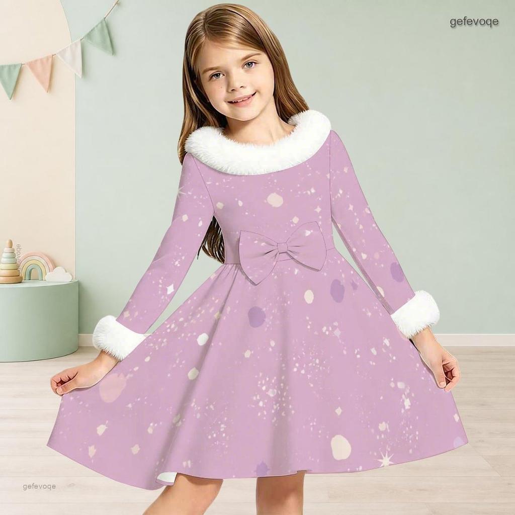 Girls Long Sleeve Black Gold Silver Printed Furry Neck Cuffs A Line Flared Dress