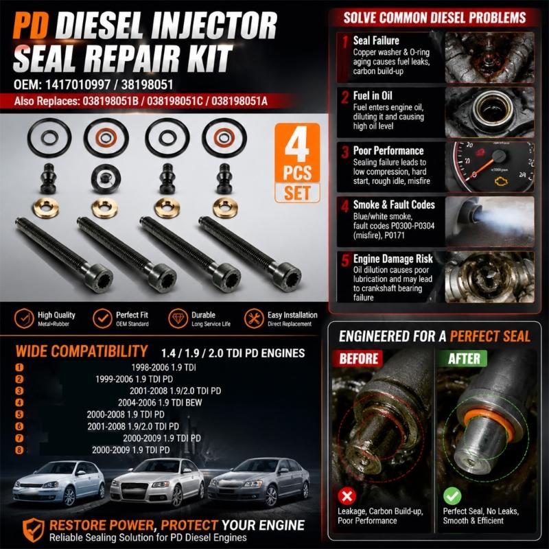 Fuel Injector Nozzle Gasket Repair Kit, 4 Sets of Metal and Rubber Sealing and Fastening Parts, Reference 1417010997 038198051C for Golf Mk4/Mk5
