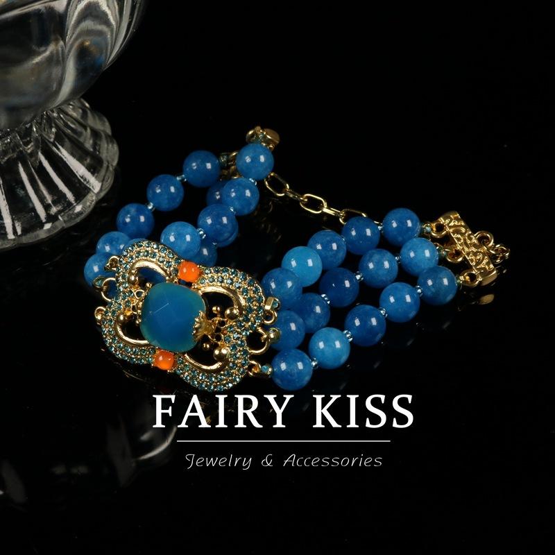 Halskette Armband Set Blaue Steine Perlen Mehrschichtiges Design Diamantbeschichtet Echtsilber Ethnischer Stil Schmuck