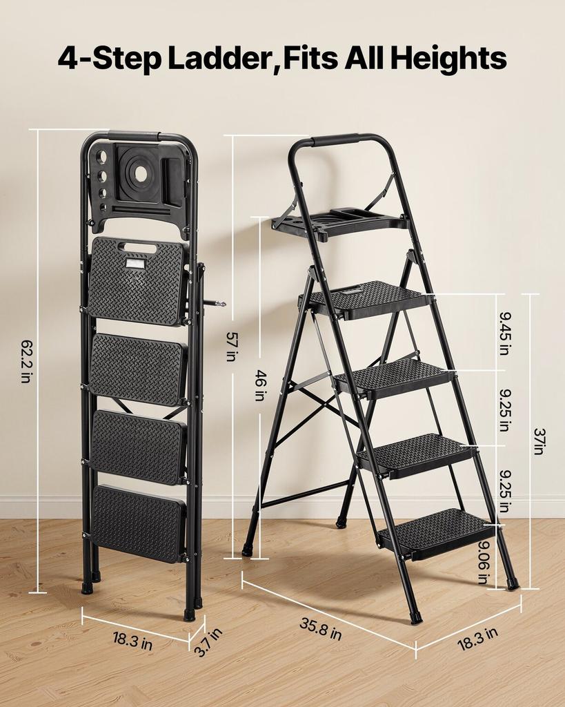 Échelle à 4 marches, Marchepied pliant avec large pédale antidérapante, Plateau à outils, Poignée de confort, Capacité de 272 kg, Échelle portable en acier, Multi-usage pour