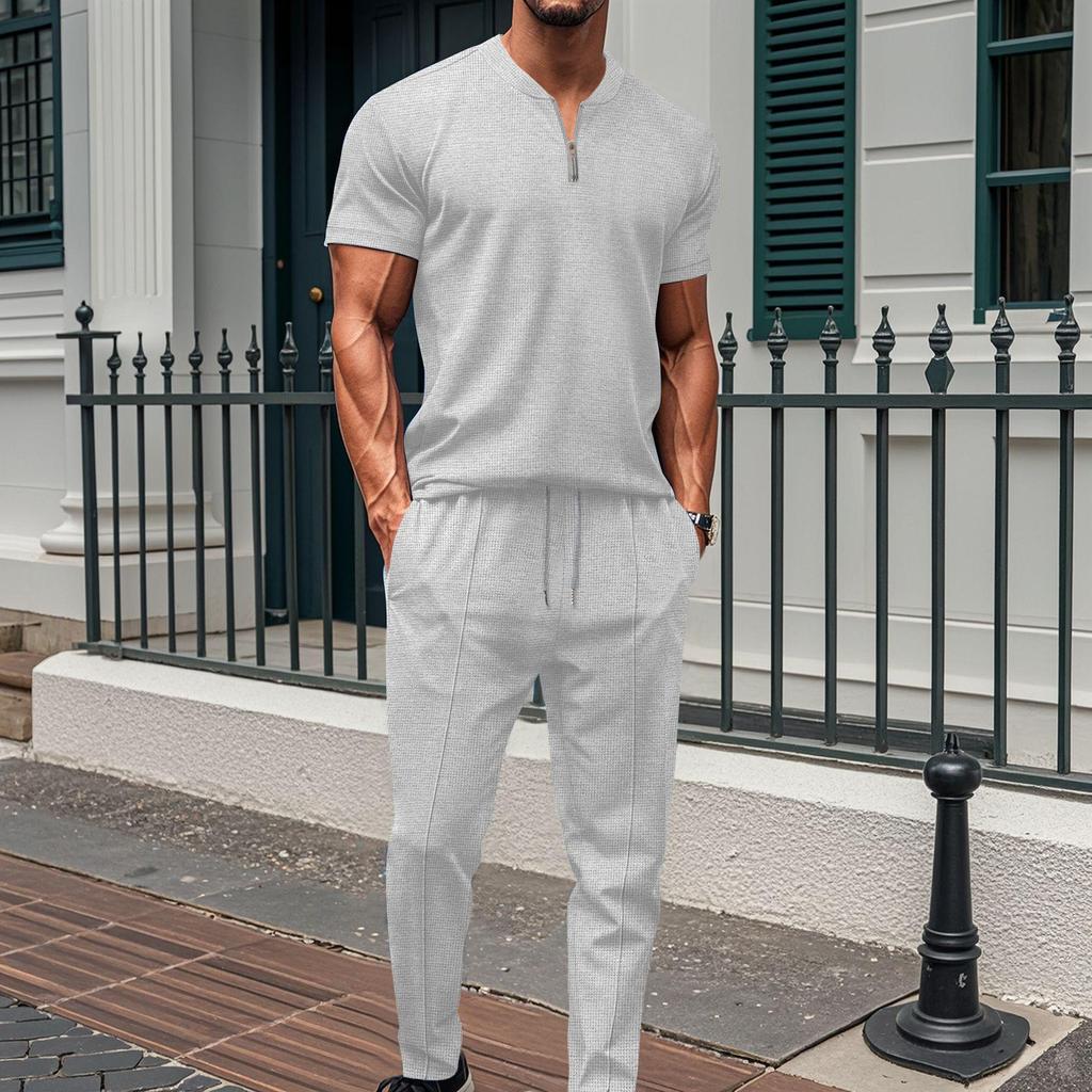 Summer 2025 Men's Waffle Knit Stand Collar Zipper Top and Long Pants Set - European & American Style