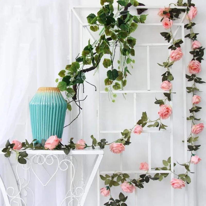 Silk Artificial Rose Vine Hanging Flowers for Wall, Rattan Fake Plants Leaves Garland, Wedding Home Garden Arch Decoration