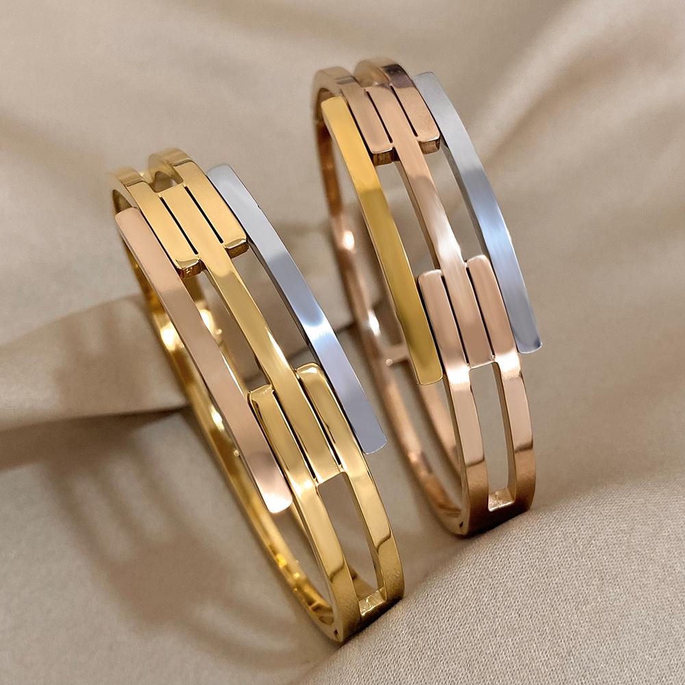 Stainless Steel Chunky Geometric Intersect Bracelets for Women Men Layered Gold Silver Color Rose Gold Hit Colors Bangles