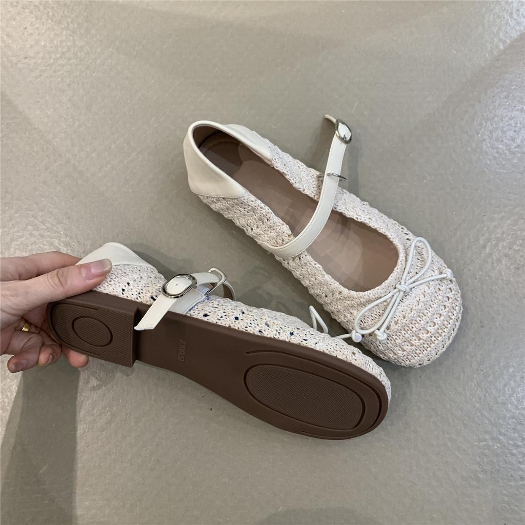 French One-word Mary Jane Single Shoes Women's 2025 Autumn New Retro Woven Flat-bottomed Round Head Bow Soft-soled Women's Shoes