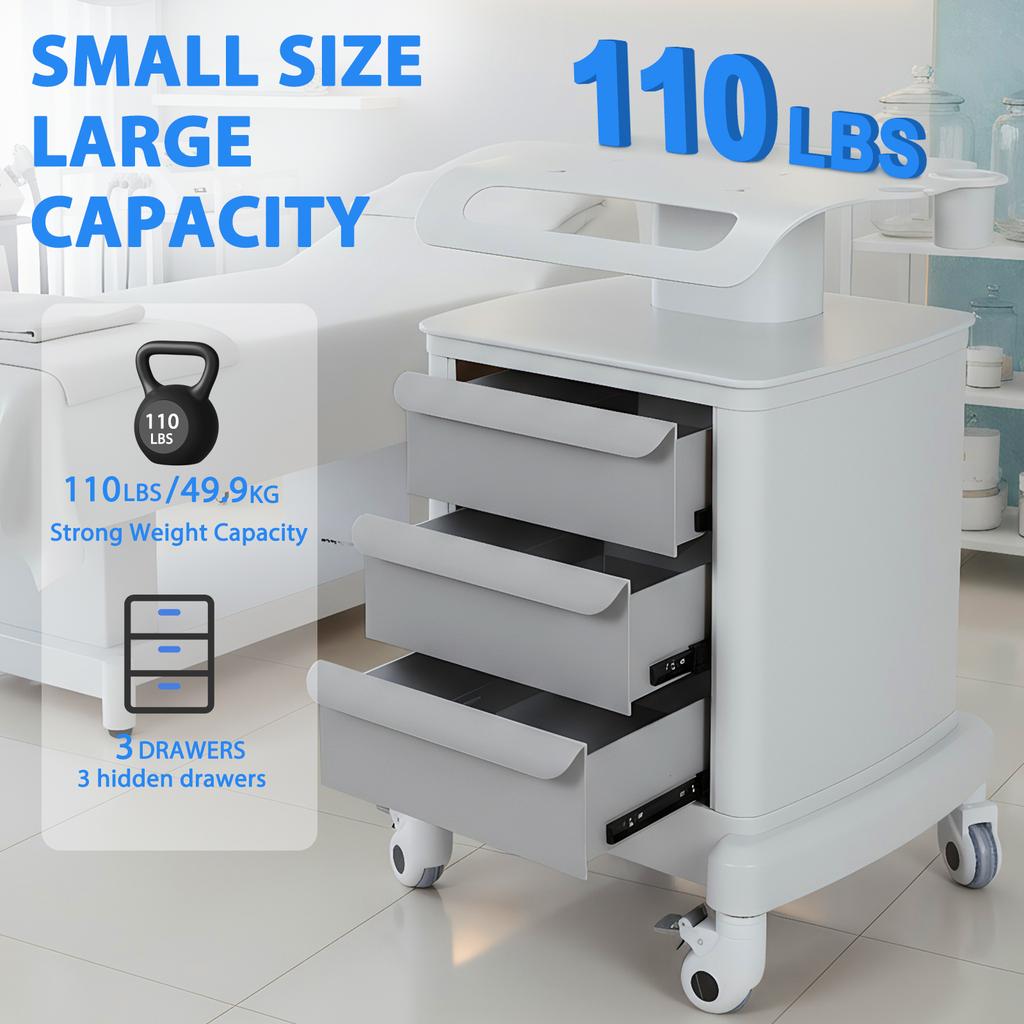 Rolling Mobile Ultrasound Trolley Cart with 3 Drawers 110LBS Load Esthetician Machine Stand for Beauty Salon Hospital Dental New