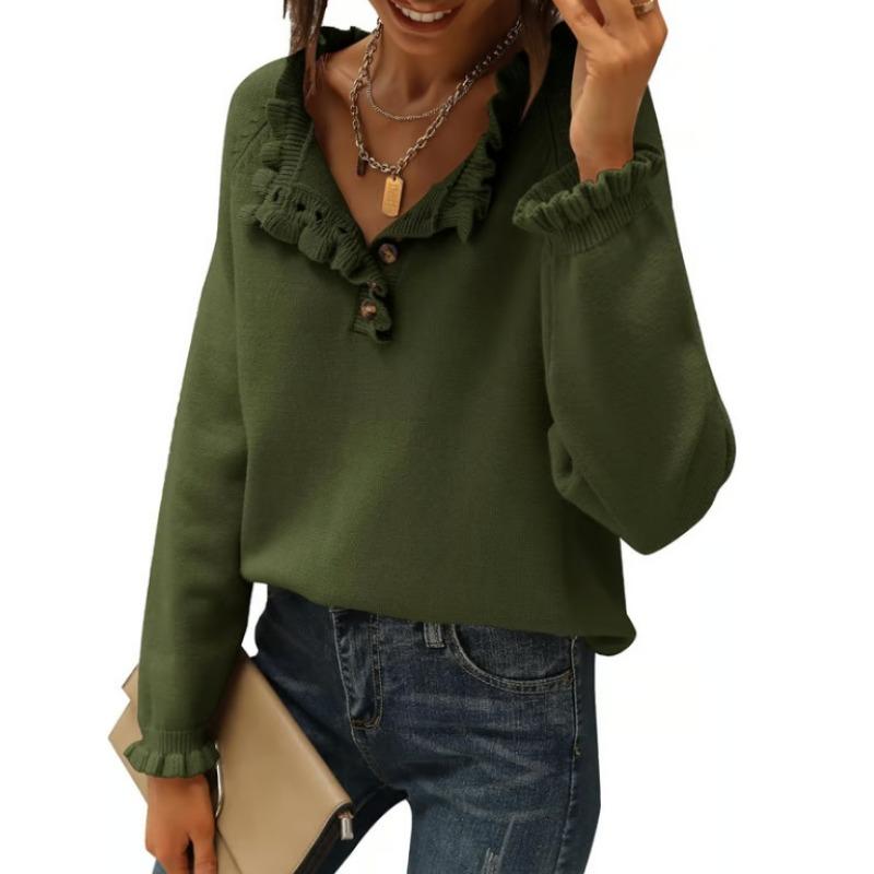 Women S Knit Long Sleeve Pullover Sweater With Buttons Ruffles