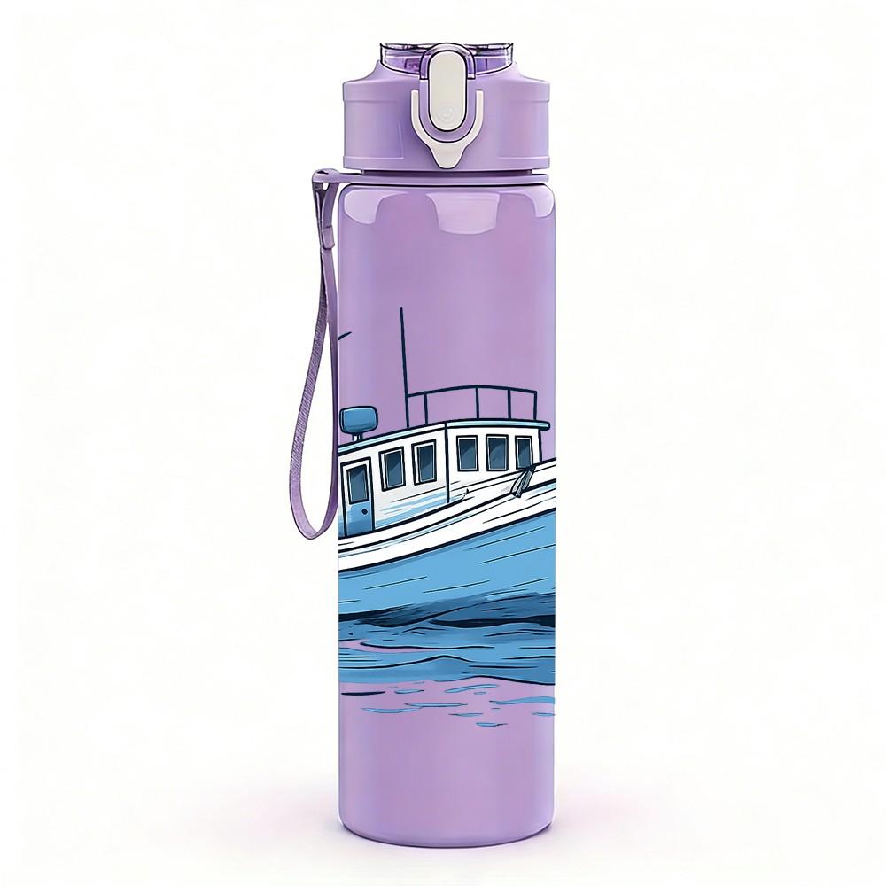 1PC Retro Sail Boat Ship 750ml Color Plastic Sports Water Bottle Leakproof Flip Straw Lid Suitable for Sports Office Home Use