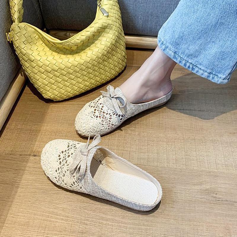 Fashion Half Slippers Female New Summer All-match Wear Mesh Breathable Non-slip Linen Cotton Head Cool Girl Hollow Flat Slides Shoes