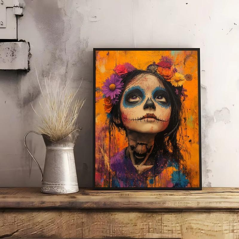 Los Muertos Girl Day of The Dead Skull Makeup Portrait Posters and Prints Canvas Painting Wall Art Picture for Room Home Decor