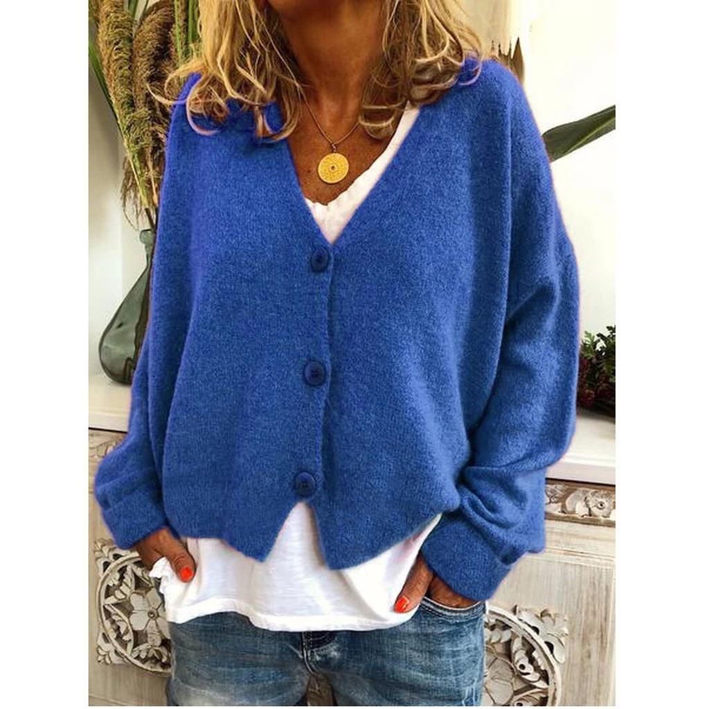 Women's Spring and Autumn Loose Knit Cardigan Solid Color V-neck Long-sleeved Single-breasted Loose Knit Sweater Coat