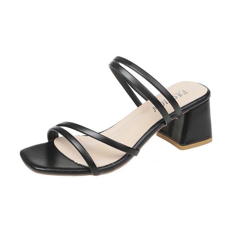 New Black Strappy Sandals Fairy Fairy Wind Mid-heeled Cool Slippers Female Outer Thick Heel Word with Women's Shoes Female