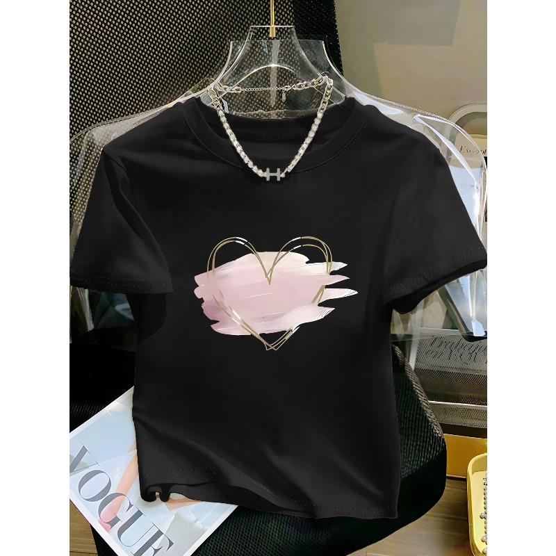 European Size Heart-Shaped Pattern Short-Sleeve Women'S Y2K Style, Cropped T-Shirt, Fashionable, Elegant, Made of Soft And Comfortable Fabric
