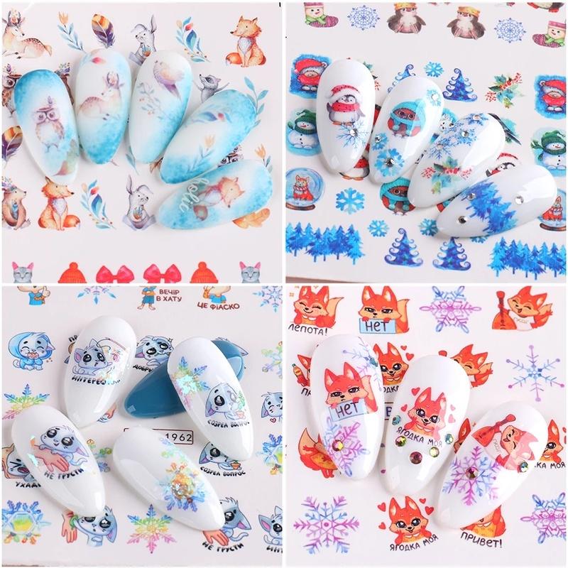 2 SheetS Winter Nail Art Designs 3D Cute Sticker Cartoon Christmas Slider New Year Holiday Decal Manicure Decorations