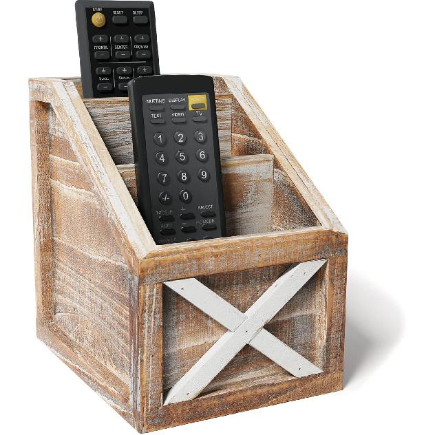 Barnyard Designs Rustic Vintage Wooden Desk Organizer Remotes Caddy Tabletop Desktop Office Supplies Desk Accessories Holder, 6.75  x 6.5” White/Brown