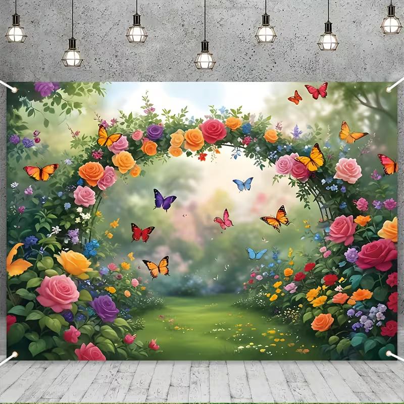 2D Fairy Tale Floral Arch Background, Enchanted Garden with Butterflies Themed Backdrop