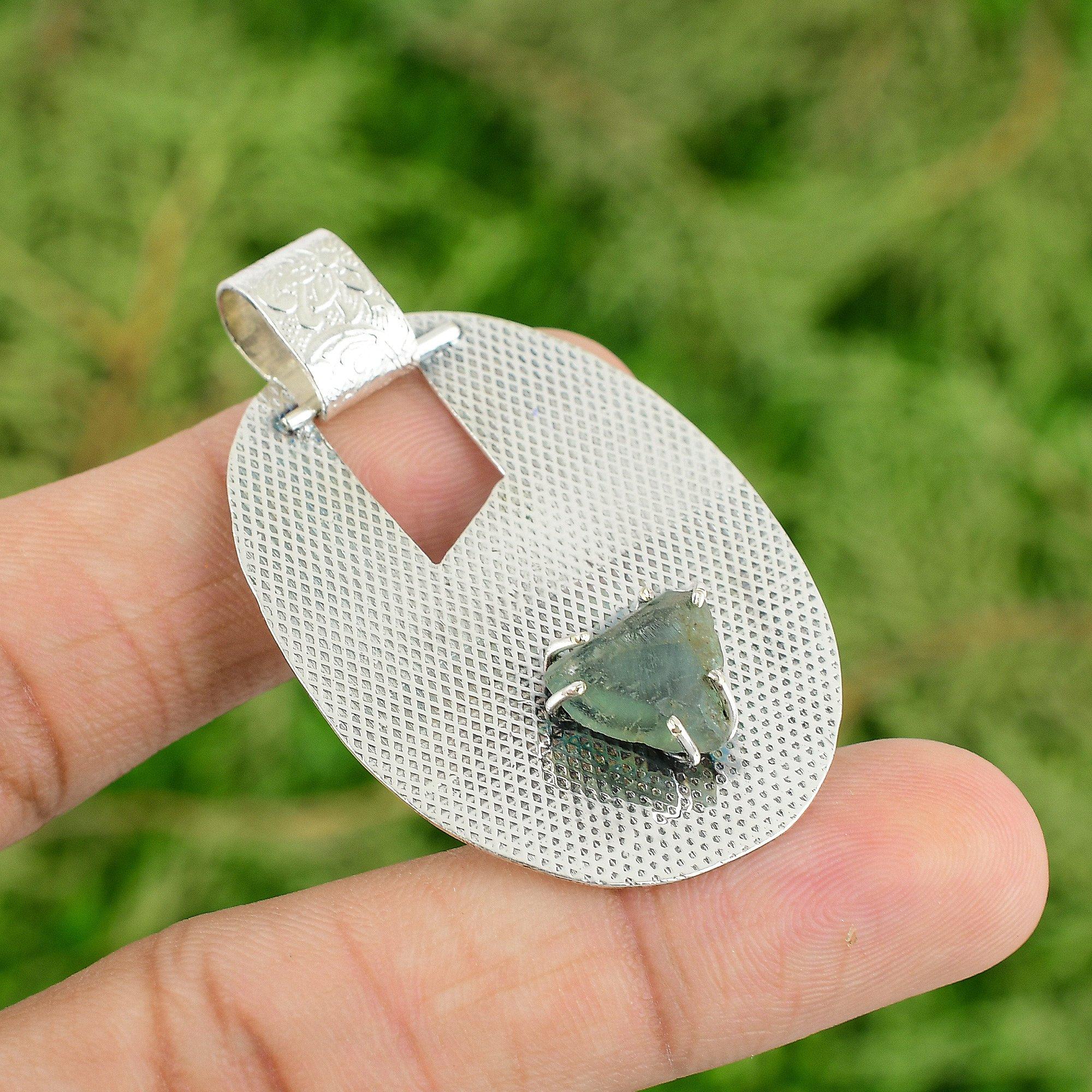 

925 Sterling Silver Octagon Natural Chrysoprase Rough Bezel Artisan New Pendant