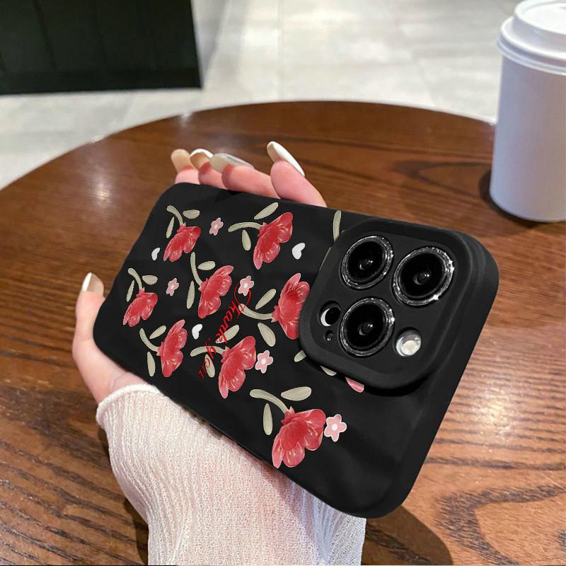 

Поверхность морщин и неровностей телефона чехол красные цветы цветочный принт защитный матовый ТПУ чехол мягкий силиконовый чехол iPhone 16 чёрный