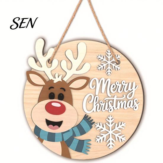 Festive Front Door Signs 2D Christmas Wooden Hanger Ornaments, Santa Snowman Reindeer Welcome Wall Xmas Hanging Decor Sign, Rustic Farmhouse
