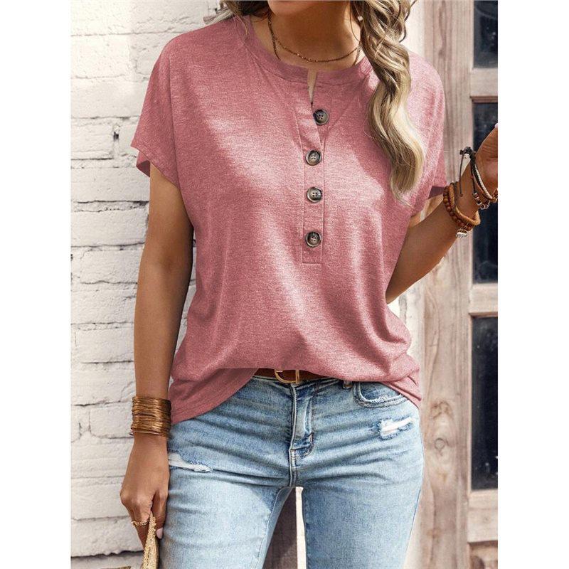 

Plus Size Casual V-neck Twist Button Short Sleeve T-shirt - Solid Color Spring/Summer Extra Extra Large розовый