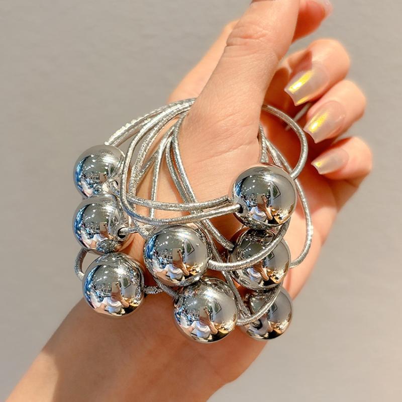 Korean Silver Ball Elastic Hair Ties Ponytail Hair Rope for Women Girl Simple Bead Wedding Party Sweet Headwear Hair Accessories