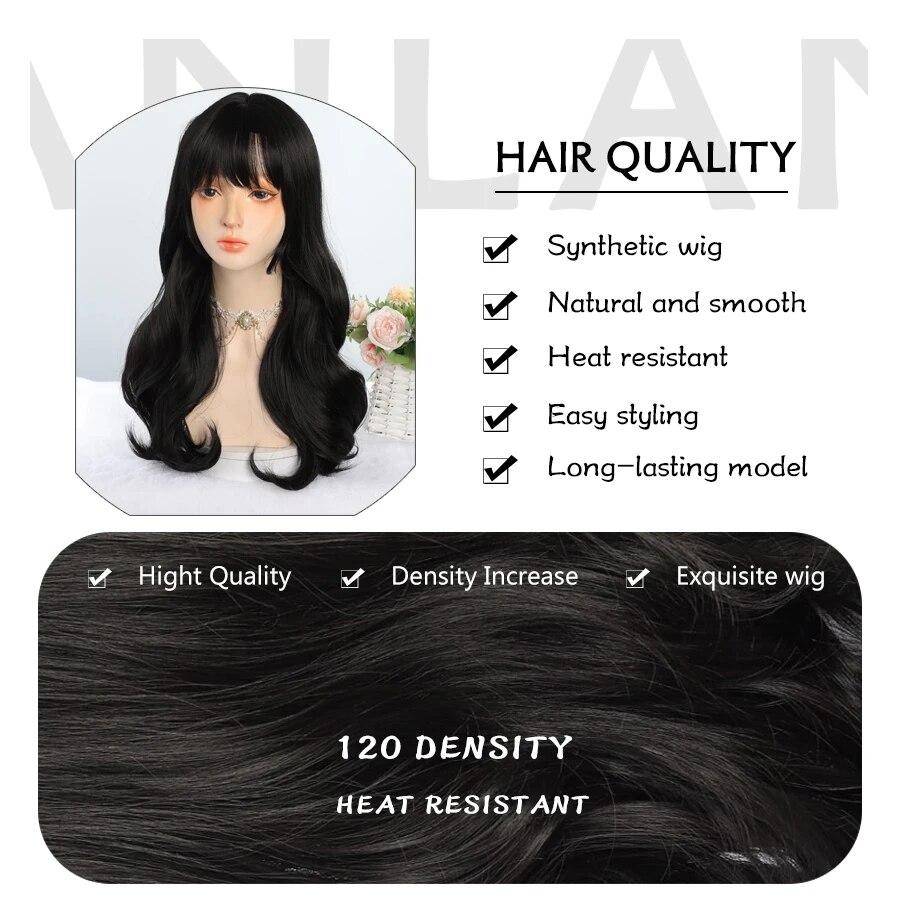 Synthetic Natural Black Wigs Long Wavy Wig for Women with Bangs Halloween Party Daily Heat Resistant Fibre Hair Wigs