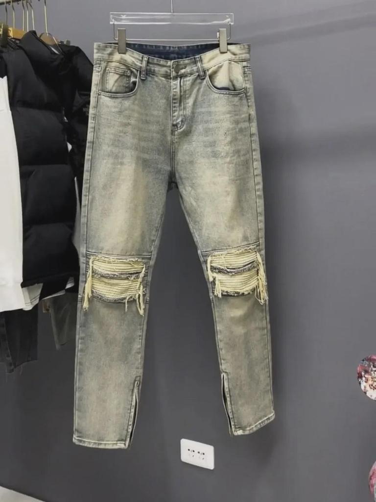 Men's Retro Patchwork Slim Zipper Jeans - Trendy Straight-Leg Style