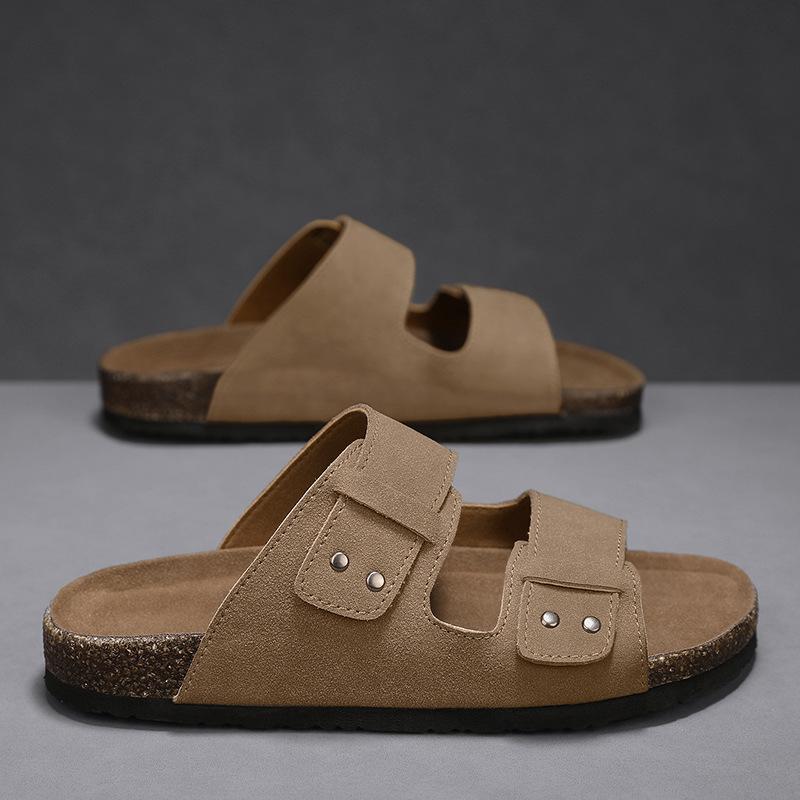 2025 summer new cork Birkenstock breathable open-toed cool slippers flat-bottomed lazy foot cover home two wear men's shoes