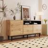 Buffet moderne en bois, meuble de rangement à 3 portes avec étagères ouvertes, 160 x 35 x 76 cm, pieds hauts, couleur bois naturel.